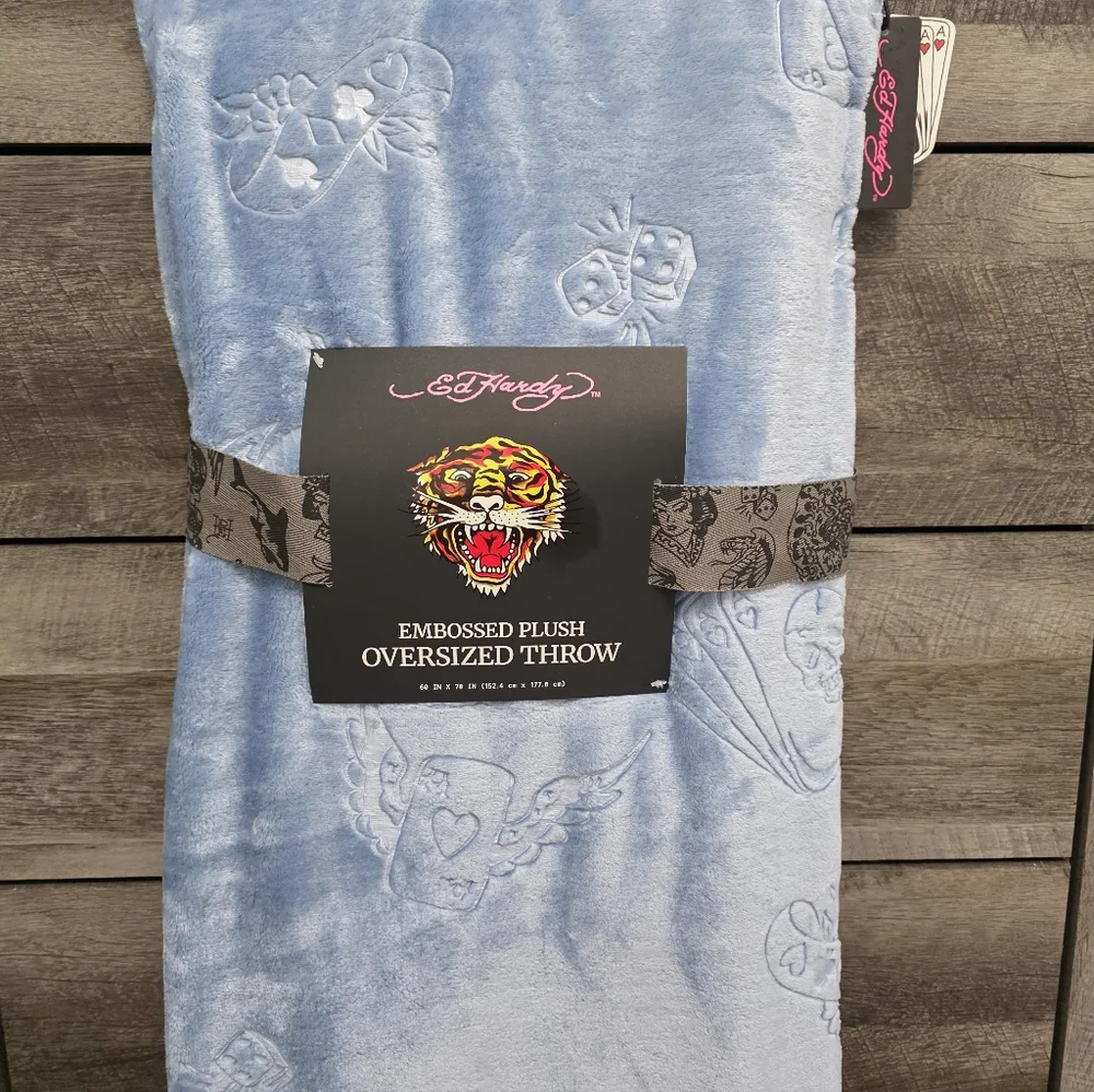 Ed Hardy Blue Embrosed Throw Blanket
